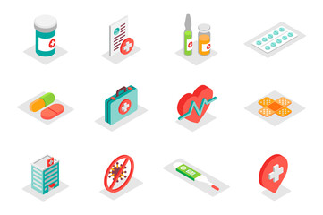 Medical concept 3d isometric icons set. Pack isometry elements of treatment, appointment, pills, first aid kit, heart, patch, clinic, virus, cross and other. Vector illustration for modern web design