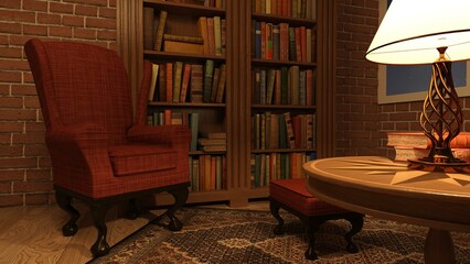 3D-Illustration of cozy reading corner with a table lamp and books