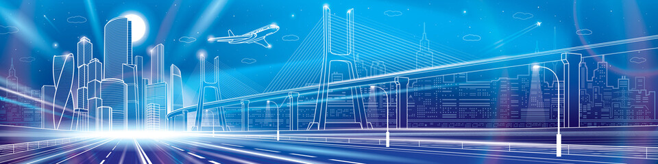 Infrastructure city panorama. Large cable-stayed bridge. Airplane fly. Empty highway. Night modern city on background, towers and skyscrapers, urban scene, vector design art  - 513790161