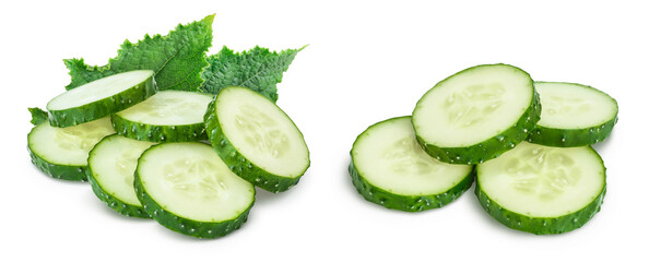 Sliced cucumber isolated on white background with full depth of field. Set or collection