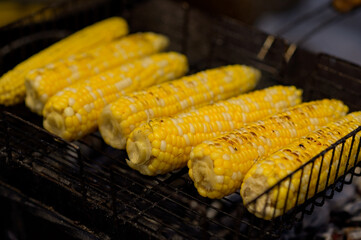 Grilled corn. Street food festival. Close up of appetizing grilled sweet corn on the bbq