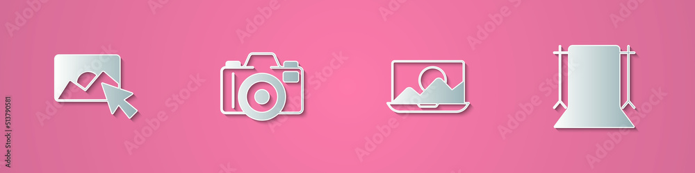 Sticker Set paper cut Photo retouching, camera, and Empty photo studio icon. Paper art style. Vector