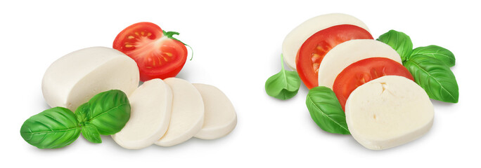 Mozzarella cheese sliced with basil leaf and tomato isolated on white background with full depth of field. Set or collection.
