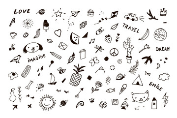 Doodle objects, cat, dog, cactus, pineapple vector illustrations set