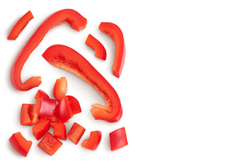 slices of red sweet bell pepper isolated on white background. Top view with copy space for your text. Flat lay