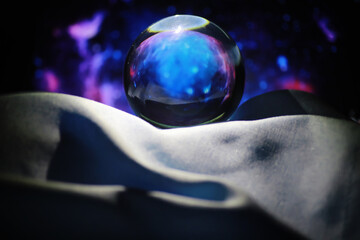Astrological background. Crystal ball with predictions. Horoscope of the stars. Fortune telling and...