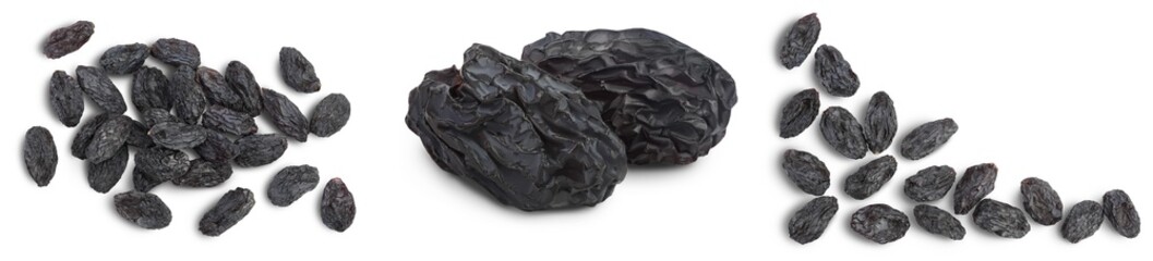 Fototapeta na wymiar Black raisin isolated on white background. Top view. Flat lay, Set or collection
