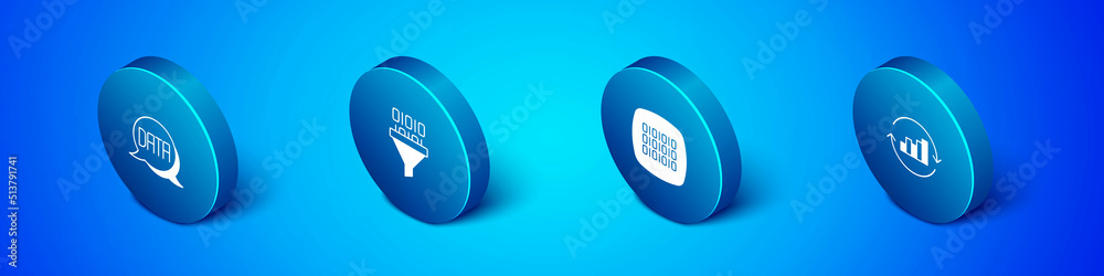 Poster set isometric data analysis, binary code, pie chart infographic and icon. vector
