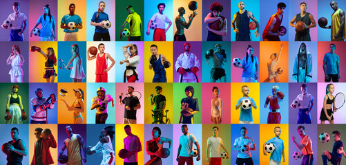 Fototapeta Sport collage of professional athletes on gradient multicolored neoned background. Concept of motion, action, active lifestyle, achievements, challenges obraz