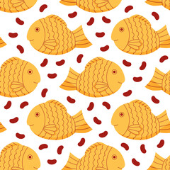 Bungeoppang vector seamless pattern drawn in cartoon style. Traditional Korean street food - fish-shaped pastry with sweet red beans paste