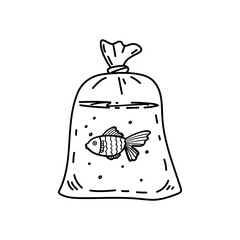 Cute little goldfish swimming in transparent bag. Vector illustration hand drawn in sketch style