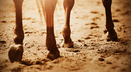 The legs of a beautiful bay horse step hooves on the sand on a sunny day. Equestrian life.