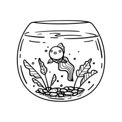 Cute little baby goldfish swimming underwater in aquarium with seaweeds. Outline vector illustration hand drawn in sketch style for kids coloring books or printing on any surface