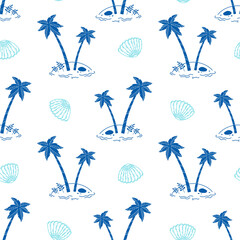 Cute summer print with tropical palm trees and seashells silhouettes on white background. Seamless vector pattern drawn in sketch style