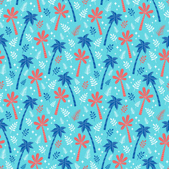 Cute summer print with tropical palm trees silhouettes on blue background. Seamless vector pattern drawn in flat style