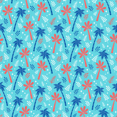 Cute summer print with tropical palm trees silhouettes on blue background. Seamless vector pattern drawn in flat style