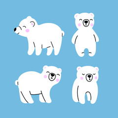 Set of cute young white polar bears. Funny arctic animals on blue background. Cartoon vector illustration for kids textile design, cards or printing on any surface