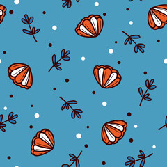 Cute summer marine print with seashells on blue background. Funny vector seamless pattern with coral reef shells for kids textile, apparel, wrapping paper