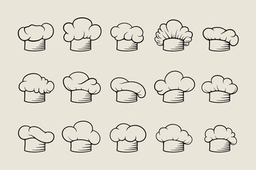 Chef Hat, Toque Monochrome Linear Icon Collection. Vector Cook, Baker Chef Caps Design Template Set Isolated. Bakery, Restaurant, Kitchen Uniform. Outline Black, White Cotton Hats, Professional Cloth - obrazy, fototapety, plakaty