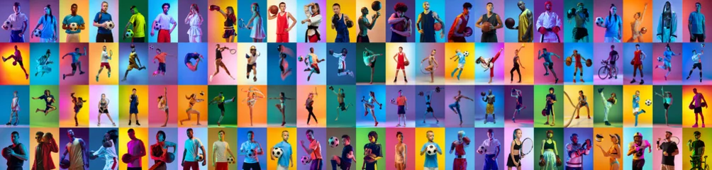 Zelfklevend Fotobehang Sport collage of professional athletes on gradient multicolored neoned background. Concept of motion, action, active lifestyle, achievements, challenges © master1305