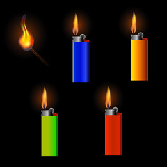 Vector realistic collection of match and lighters in different colors on the black background