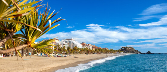 panorama view of beautiful beach in Spain- Andalusia, Almunecar - obrazy, fototapety, plakaty