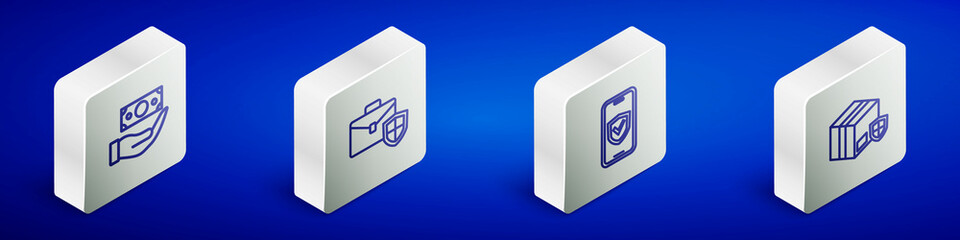 Set Isometric line Money with shield, Briefcase, Insurance online and Delivery security icon. Vector