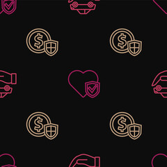 Set line Car insurance, Money with shield and Life on seamless pattern. Vector