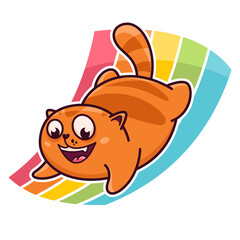 Cute red cat on the rainbow. Demonstrates emotions, happiness, joy, fun, play. Cat character hand drawn style, sticker, emoji - 513794953