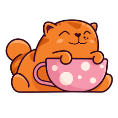 Cute red cat with a cup. Demonstrates emotions, happiness, joy, breakfast. Cat character hand drawn style, sticker, emoji - 513794954