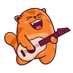 Cute red cat plays the guitar. Shows emotions, happiness, joy, song, music. Cat character hand drawn style, sticker, emoji - 513794958