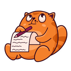Cute red cat writes a letter. Shows emotion, idea, thought, think. Cat character hand drawn style, sticker, emoji - 513794959