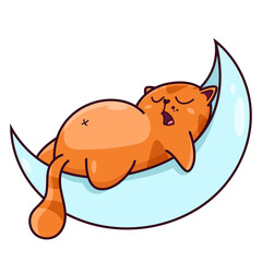 Cute red cat sleeps on a crescent moon. Shows emotions, sleep, good night. Cat character hand drawn style, sticker, emoj - 513794962
