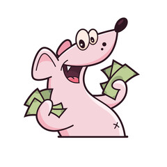 Cute pink mouse with bucks in his hands. Shows emotions, cool, loot, party. Mouse character hand drawn style, sticker, emoji - 513794964