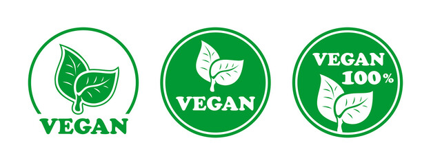 Vegan round icons with leaves. Vegan food sign. Bio, Ecology, Organic healthy food logos. Vector set. 