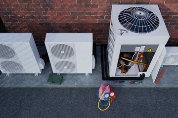different air conditioners in the backyard with tools 3d