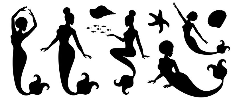 Vector illustration silhouettes of African woman with a fin tail. Afro mermaid girl. Black color isolated on white.