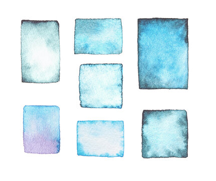 Watercolor texture background. Blue sky cloud. Hand drawing art. Vintage backdrop banner set. Aquarelle ground paper. Abstract navy wet image. Impression stain rectangle template