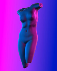 Abstract concept illustration from 3D rendering of classical torso sculpture of a female in vaporwave color palette gradient background.