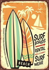 Surf boards and surfing equipment rentals retro beach advertisement. Vintage vector sign. Sports, recreation and summer activities. - obrazy, fototapety, plakaty