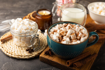 Cup of tasty cocoa drink and marshmallows in blue cup.Spices and marshmallows for winter drinks on black texture table.Winter hot drink.Hot chocolate with marshmallow and spices.Copy space.