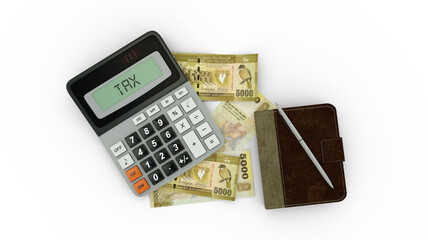 3D rendering of an isolated composition of 5000 Sri Lankan rupee notes, a calculator, a note book and a pen