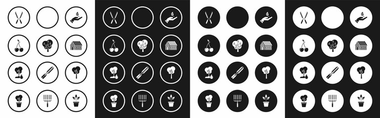 Set Sprout in hand of environmental protection, Tree with pears, Cherry, Gardening handmade scissors for trimming, Farm house, Watering can water, and icon. Vector