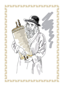 Orthodox Jew holds up a Sefer Torah.
