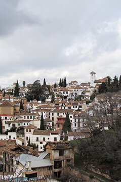 Vertical frame of Albaicín and Sacromonte area during a cloudy day of winter in Granada.  