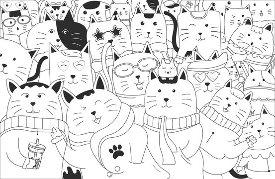 Illustration of doodle cats hand drawn in cartoon style