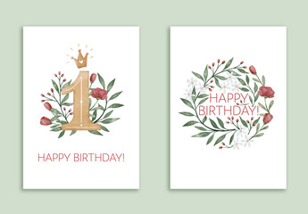 Watercolor First Birthday Cards Set