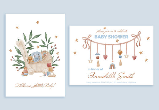 Watercolor Baby Introducing And Baby Shower Cards Set