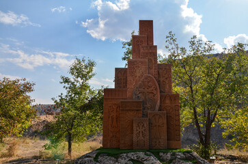 Monumental ensemble of traditional Armenian carved memorial steles Khachkars (cross stones) in Vayk, Armenia