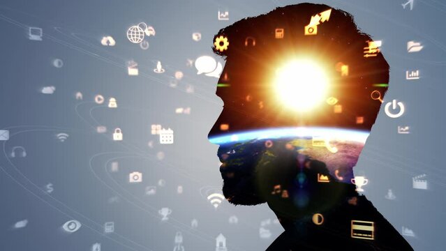 
Close Up of Man Silhouette With Animation of the Earth and the Sun seen from Space. Satellite view, Artificial Intelligence, Futuristic Concept. Holographic Technology Icons. Double Exposure.